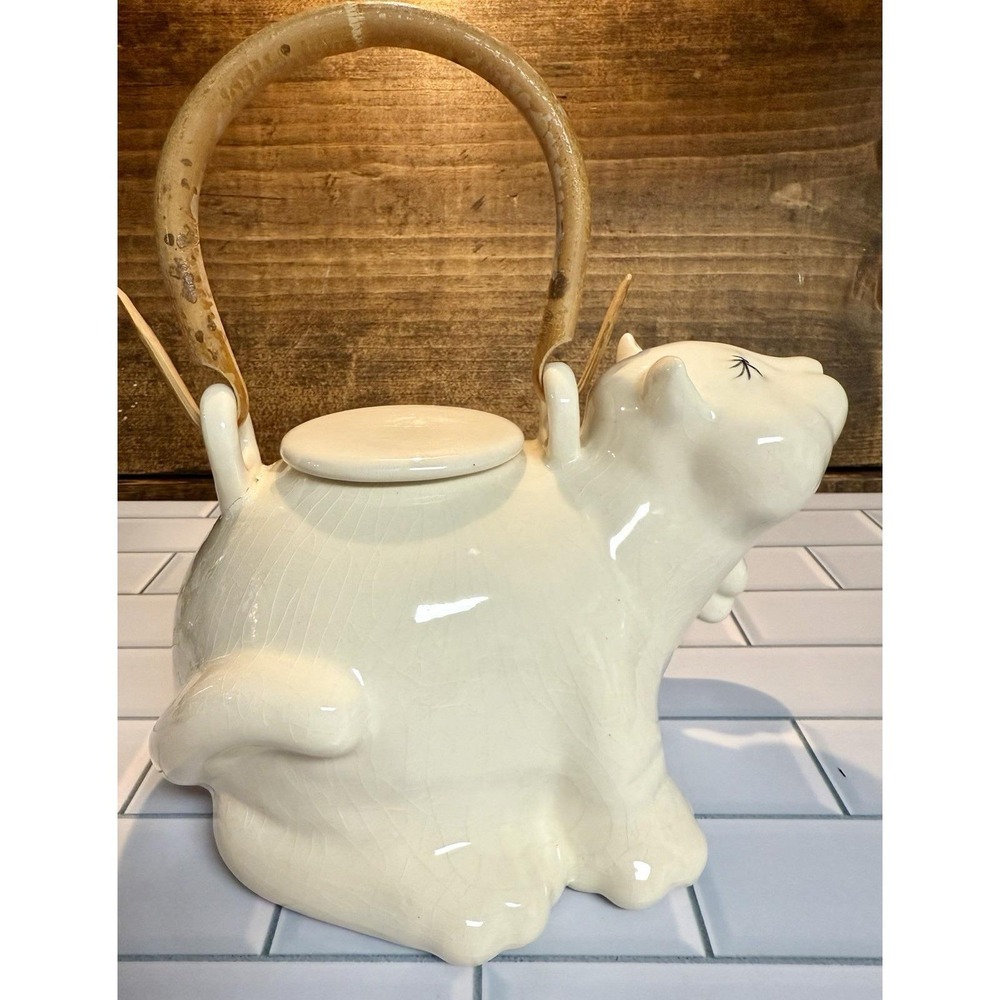 Vintage Cat Ceramic Teapot w/ Bamboo Handle Signed Fumi — Crazing, Chip on Lid
